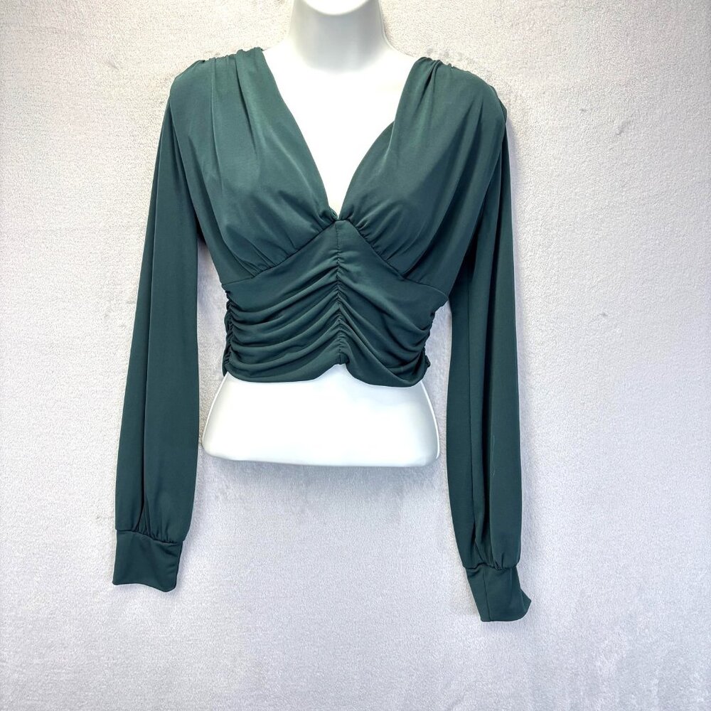 Vintage Y2K Babydoll Cropped Top Shirt Large Green Ruched Long Sleeve 21 Saints